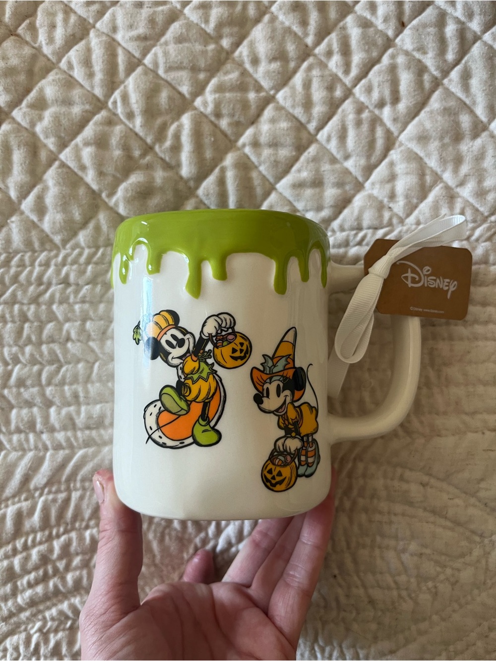 Disney White Ceramic Mug with Lime Green Drip and Halloween Mickey & Minnie